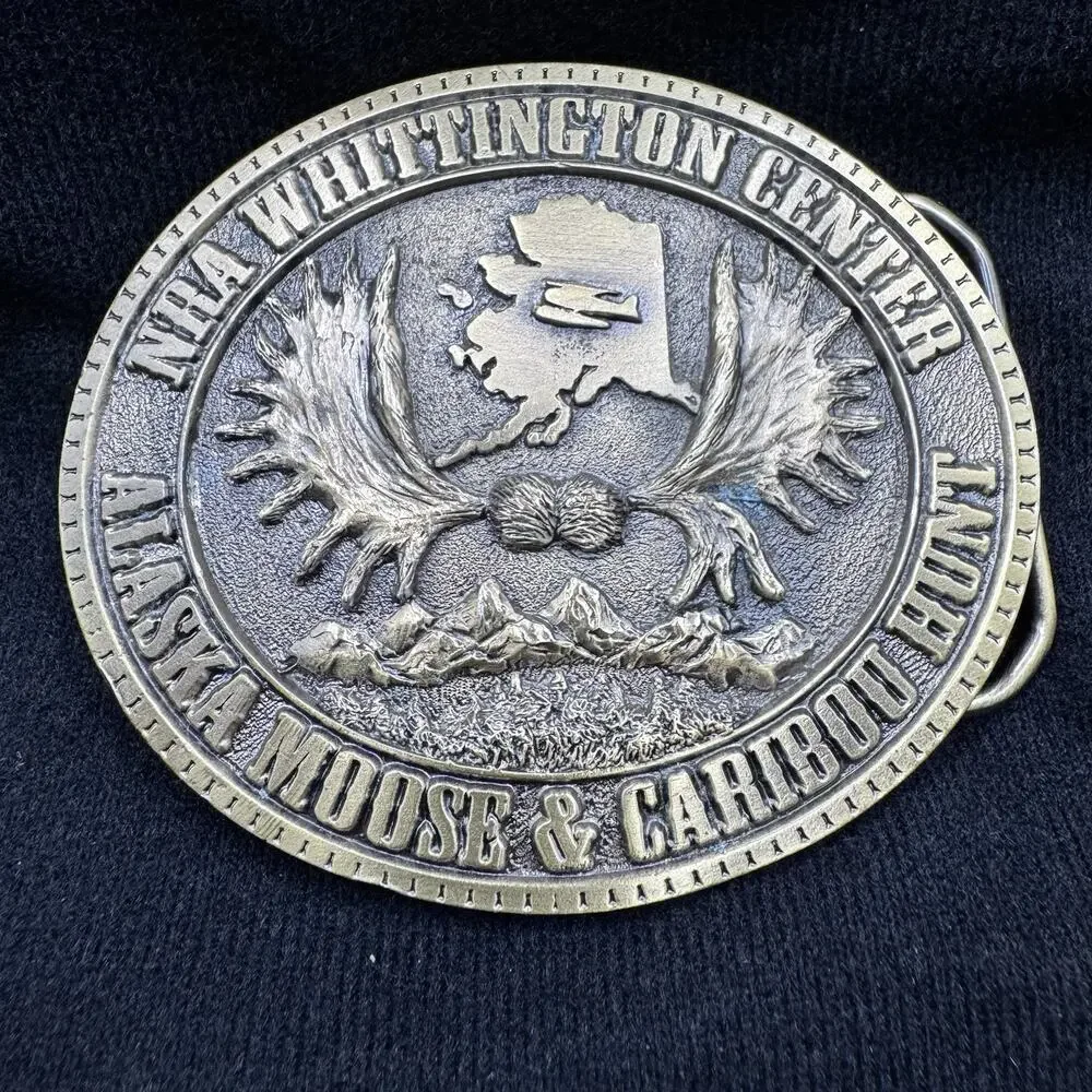 Vtg Alaska Moose & Caribou Hunt NRA National Rifle Whittington Belt Buckle